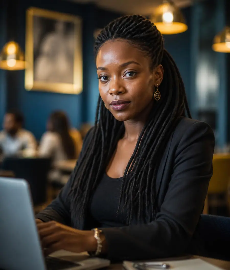 Portrait d'une entrepreneure africaine utilisant ManajaTool sur son ordinateur